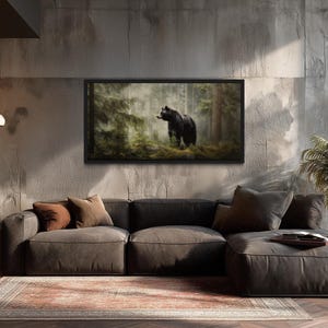 Black Bear In Pine Tree Forest Painting Canvas PRINT, Bear Wall Art, Lodge Decor, Rustic Cabin Wall Decor, Extra Large Wildlife Wall Art