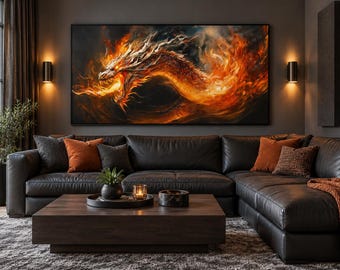 Fire Breathing Dragon Wall Art, Wall Art For Men - Dragon Painting Canvas PRINT,  Gifts For Him, Game Room Decor, Framed Ready To Hang
