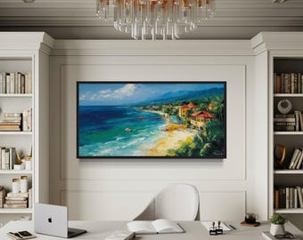 Jamaican Wall Art - Colorful Traditional Jamaican Coast Beach And Hotels Painting Canvas Print Framed Ready to Hang