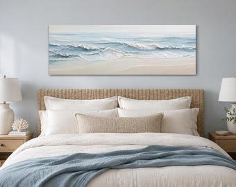 May include: A rectangular horizontal wall art piece featuring an oil painting of a coastal scene with a sandy beige shoreline and rolling ocean waves in shades of light blue, white, and turquoise, rendered with visible textured brushstrokes.