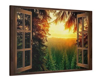 Window Wall Art Fir Forest Sunrise Through Wooden Brown Window, Fake Window Canvas Rustic Cabin Wall Decor Ready to Hang