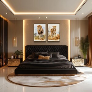 a luxurious bedroom with a large bed, dark bedding, and gold accents. The room has a marble floor and walls, and there are two framed pictures of lions on the wall. The room is well-lit, with natural light coming in through the windows and a chandelier hanging from the ceiling.