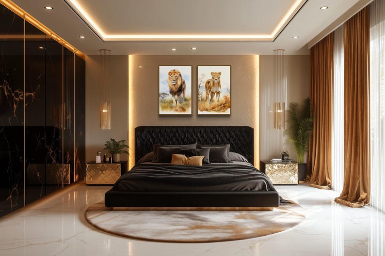 a luxurious bedroom with a large bed, dark bedding, and gold accents. The room has a marble floor and walls, and there are two framed pictures of lions on the wall. The room is well-lit, with natural light coming in through the windows and a chandelier hanging from the ceiling.