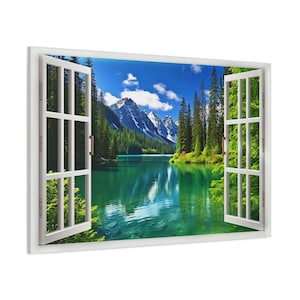 Window View Canvas - Lake And Mountains View From Open Window Painting - Green Nature Landscape Wall Art Print Ready To Hang