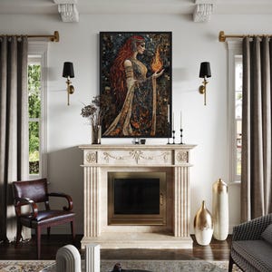 Brigid Celtic Goddess Wall Art - Brigid Holding Fire Mosaic Painting Canvas Print - Mythology Painting Framed Ready To Hang
