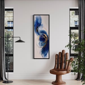Vertical Tall Narrow Blue Gold White Wall Art, Long Vertical Abstract Painting Slim Artwork Framed Ready To Hang