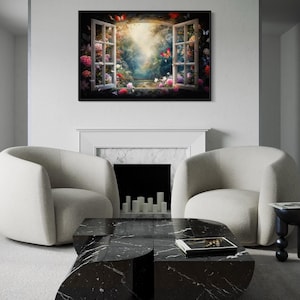 Faux Window Canvas, Magical Enchanted Forest View From Open Window Painting, Fantasy Landscape Canvas Print Ready To Hang, Housewarming Gift
