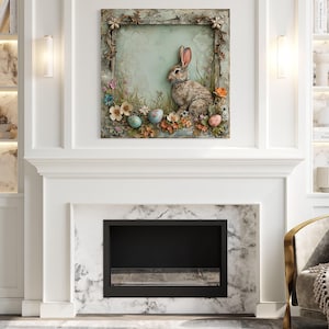 a cozy living room with a fireplace, a bookshelf, and a comfortable chair. The fireplace has a framed picture of a rabbit sitting on a floral arrangement. The bookshelf is filled with various decorative items, and the chair is positioned in front of the fireplace, creating a warm and inviting atmosphere.