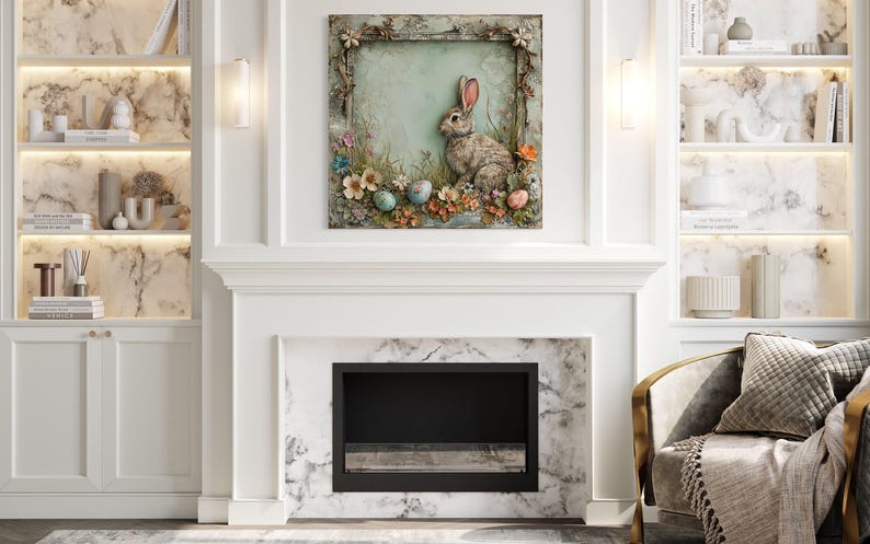 a cozy living room with a fireplace, a bookshelf, and a comfortable chair. The fireplace has a framed picture of a rabbit sitting on a floral arrangement. The bookshelf is filled with various decorative items, and the chair is positioned in front of the fireplace, creating a warm and inviting atmosphere.