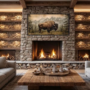 American Bison Painting Wood Panel Effect Printed on Canvas, Southwestern Art Cabin Wall Decor, Rustic Wall Decor, Framed Ready To Hang
