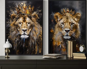 Set of 2 Lion King and Lioness Queen With Crowns Black Gold