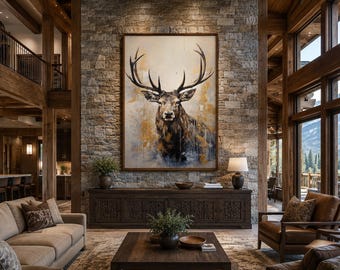 Vertical Abstract Elk Portrait Painting Canvas PRINT, Deer Wall Art, Wildlife Wall Art, Cabin Lodge Wall Decor, Framed Ready to Hang