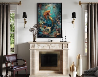 Mermaid Wall Art - Mermaid In Coral Reef Ocean Painting Canvas PRINT, Girls Room Decor, Bathroom Wall Art Ready To Hang