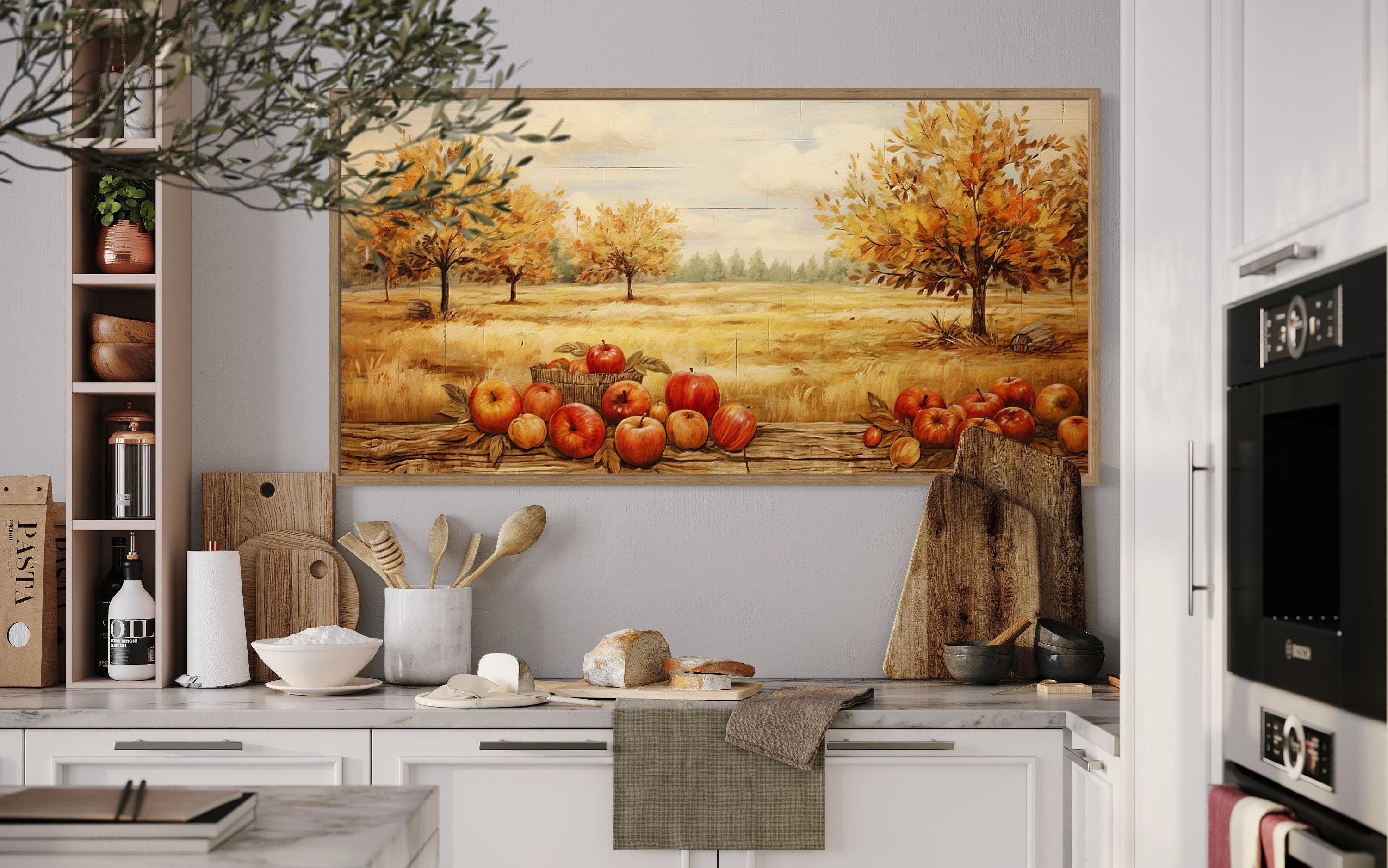 Autumn Apple Orchard Painting on Wood Effect Canvas PRINT, Fruit