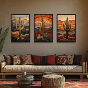 Set of 3 Southwestern Wall Art, Saguaro Cactus in Arizona Desert Painting Canvas Print Framed Ready To Hang
