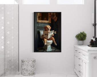 Yellow Labrador Retriever On The Toilet Reading Newspaper, Funny Bathroom Art, Toilet Humor Print Canvas Framed Unframed Ready To Hang
