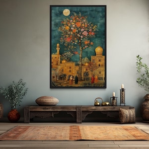 Persian Garden And Architecture Traditional Painting Canvas Wall Art, Middle Eastern Wall Decor Framed Ready To Hang