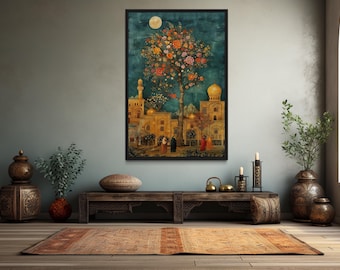 Persian Garden And Architecture Traditional Painting Canvas Wall Art, Middle Eastern Wall Decor Framed Ready To Hang