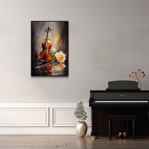a framed painting of a violin and two roses on a white wall, with a black piano and a small potted plant in the foreground.