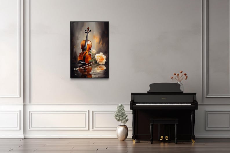 a framed painting of a violin and two roses on a white wall, with a black piano and a small potted plant in the foreground.