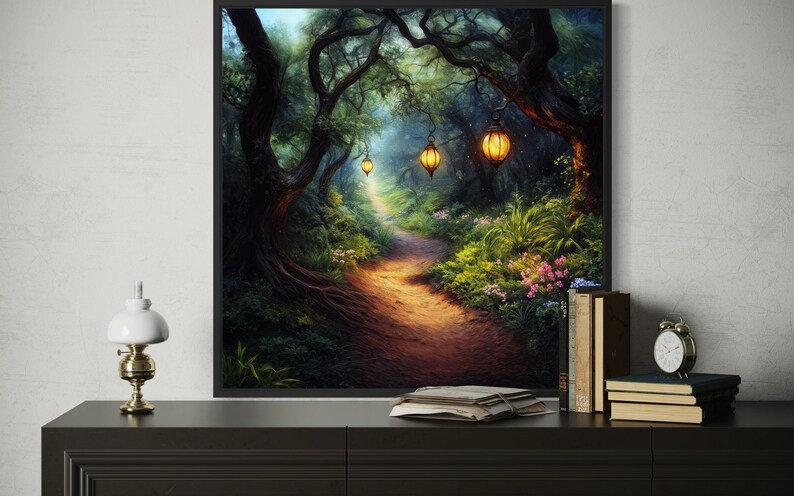 Enchanted Forest Path Wall Art – Glowing Lantern Woodland Fantasy ...