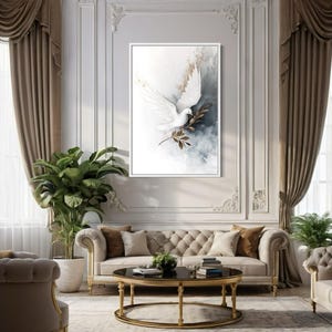 Christian Wall Art, Holy Spirit White Dove With Olive Branch Painting Canvas Print, Framed Ready To Hang