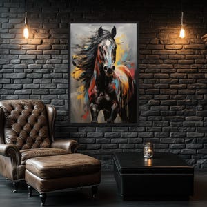 a cozy living room with a leather armchair, a wooden coffee table, and a large painting of a horse on the brick wall. The room has a rustic, industrial aesthetic with exposed brick walls and a brick fireplace.