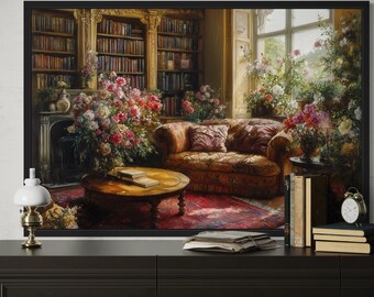 Dark Academia Vintage Magical Library Floral Canvas Wall Art – Cozy Book Room Painting with Flowers for Living Room or Reading Nook
