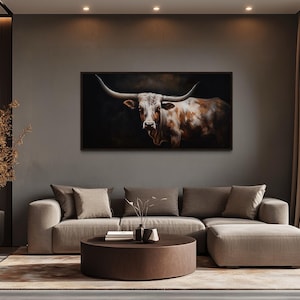 Texas Longhorn Cow Extra Large Wall Art - Farmhouse, Living Room Art - Longhorn Painting Printed On Canvas Framed, Unframed, Ready To Hang