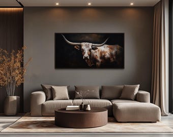 Texas Longhorn Cow Extra Large Wall Art - Farmhouse, Living Room Art - Longhorn Painting Printed On Canvas Framed, Unframed, Ready To Hang