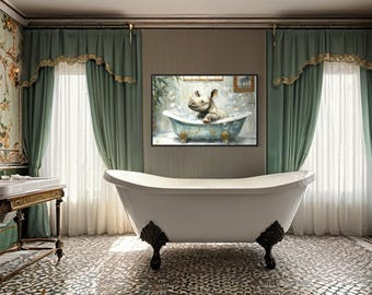 Baby Rhino in a Bathtub Painting Canvas Print, Animals In Bathtub Wall Art, Bathroom Wall Decor -  Framed Ready To Hang