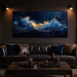 Abstract Navy Blue Gold Ocean Wave Painting Canvas PRINT, Minimalist Modern Ocean At Night Wall Art, Seascape, Art For Mens Bed image 14