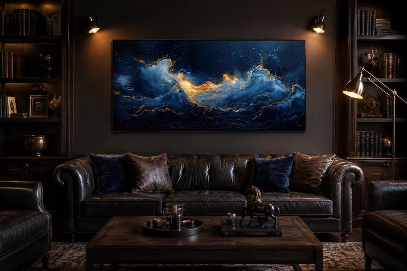 Abstract Navy Blue Gold Ocean Wave Painting Canvas PRINT, Minimalist Modern Ocean At Night Wall Art, Seascape, Art For Mens Bed image 14