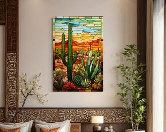 Saguaro Cactus Wall Art, Stained Glass Style Sonoran Arizona Desert Painting Canvas PRINT, Southwestern Artwork Ready To Hang