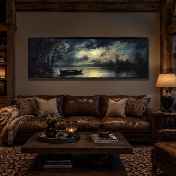 Moonlit Lake Landscape with a Wooden Rowboat and Misty Storm Clouds in Deep Blue and Gold Tones, Cabin Decor Long Horizontal Canvas Print