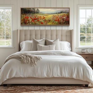 Colorful Orange Wildflowers Field Wall Art, Farmhouse Wall Art,  Over Bed Long Horizontal Wall Decor Framed Ready To Hang