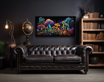Trippy Psychedelic Mushroom Wall Art - Colorful Fantasy Forest Painting Canvas Print Framed Ready To Hang