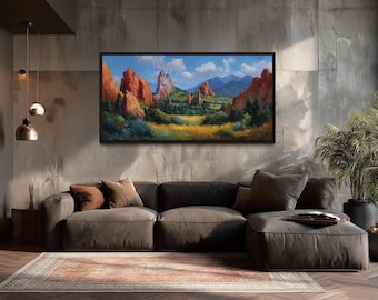 Colorado Garden of the Gods Canvas Wall Art – Rocky Mountain Red Rock Landscape Painting for Nature Inspired Home Decor