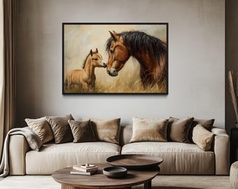 Horse And Foal Wall Art, Mama And Baby Horse Painting Canvas Print, Nursery, Farmhouse Or Western Wall Decor Framed Ready To Hang