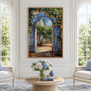 May include: A rectangular wall art print featuring a vibrant painting of a Mediterranean stone archway decorated with blue and white patterned tiles, surrounded by lush green foliage and bright yellow citrus fruits under a clear blue sky.