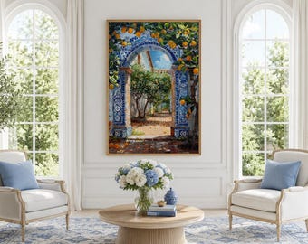 Portugal Wall Art Portuguese Doorway Adorned With Blue White Azulejos And Orange Trees, Travel Poster Framed Ready To Hang
