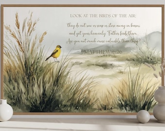 Look at the Birds of the Air Scripture Wall Art, Matthew 6:26 Christian Wall Decor, Bible Verse Nature Art Print, Framed Ready To Hang