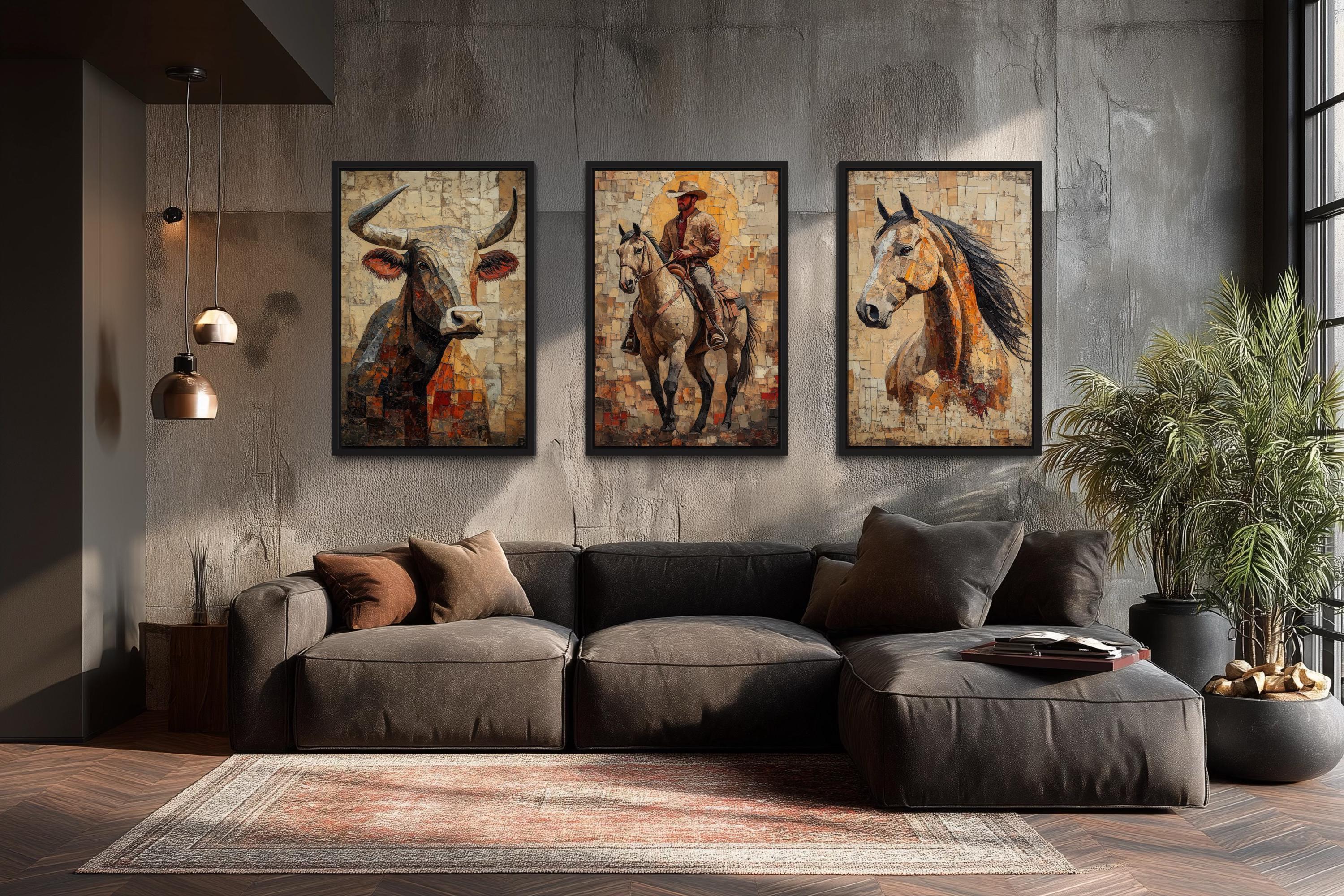 Western Wall Art Set of 3 – Cowboy, Longhorn Bull, and Horse Canvas ...