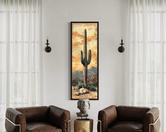 Tall Narrow Rustic Saguaro Cactus Wall Art, Long Vertical Southwestern Painting Canvas PRINT, Desert Wall Art Tall Artwork Ready To Hang