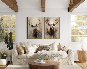 Set Of 2 Elk And Moose Wall Art For Cabin Decor - Wildlife Abstract Painting Canvas Print Framed Ready To Hang