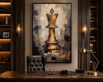 Chess King Wall Art, Black Gold Abstract Painting Extra Large Canvas PRINT, Man Cave , Mens Office Wall Decor Ready To Hang