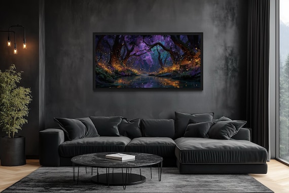 Magical Firefly Forest Wall Art – Enchanted Night Landscape Canvas Print, Purple and Gold Fantasy Woodland Painting, Mystical Home Decor