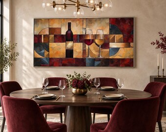 Dining Room Wall Art Red Gold Wine Bottle And Glasses Extra Large Abstract Painting Canvas Print Framed Ready To Hang