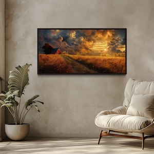 Retro Farm Wall Art - Old Red Barn In The Farm In Autumn Sunset Landscape Painting Canvas PRINT, Farmhouse Wall Decor Framed Ready To Hang