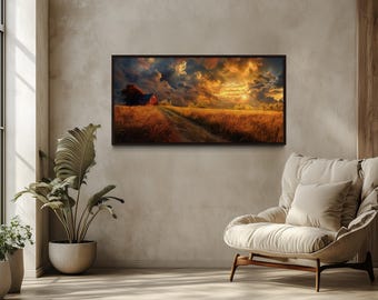 Retro Farm Wall Art - Old Red Barn In The Farm In Autumn Sunset Landscape Painting Canvas PRINT, Farmhouse Wall Decor Framed Ready To Hang